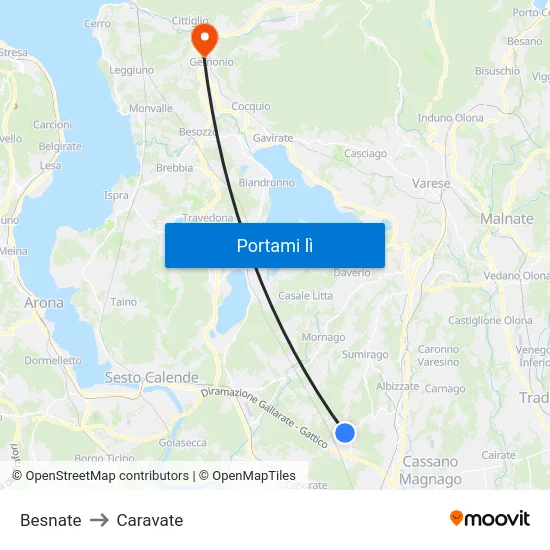 Besnate to Caravate map