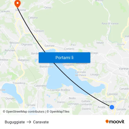 Buguggiate to Caravate map