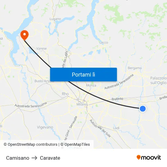 Camisano to Caravate map