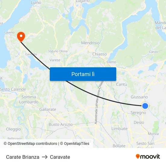 Carate Brianza to Caravate map