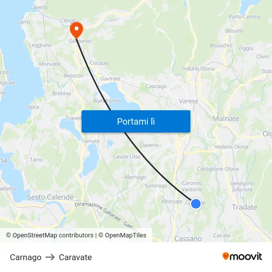 Carnago to Caravate map