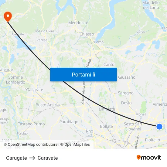Carugate to Caravate map