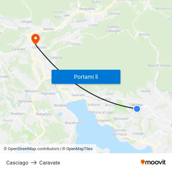 Casciago to Caravate map