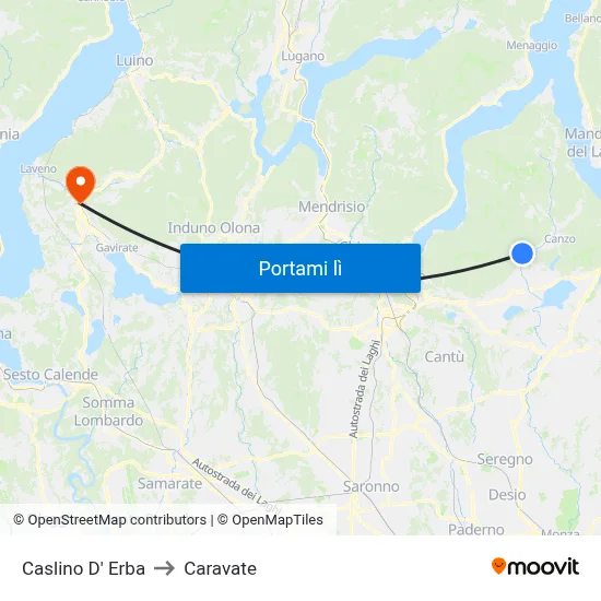 Caslino D' Erba to Caravate map