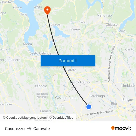 Casorezzo to Caravate map