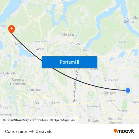 Correzzana to Caravate map