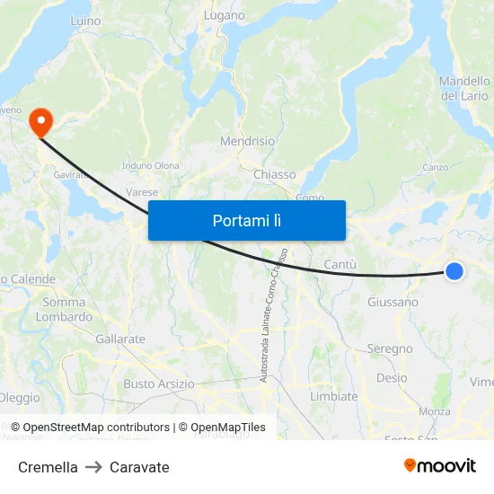 Cremella to Caravate map