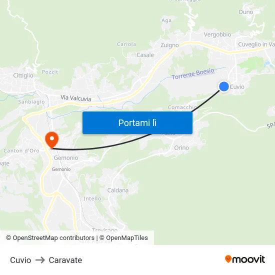 Cuvio to Caravate map