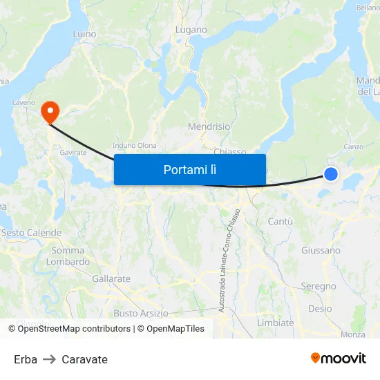 Erba to Caravate map