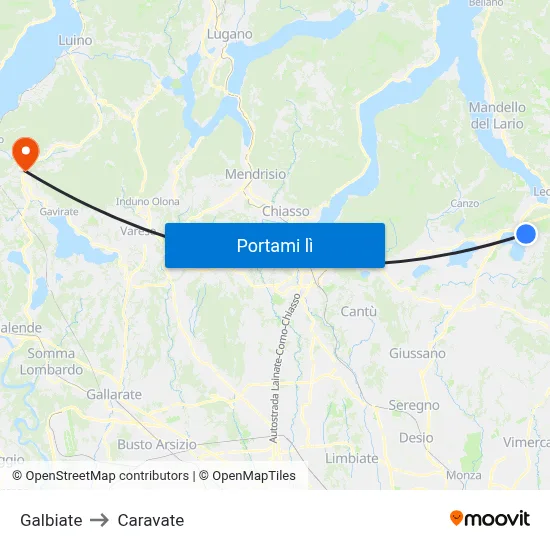 Galbiate to Caravate map