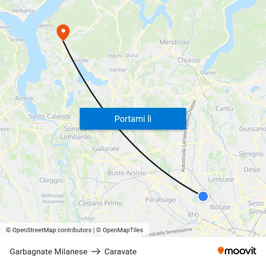 Garbagnate Milanese to Caravate map