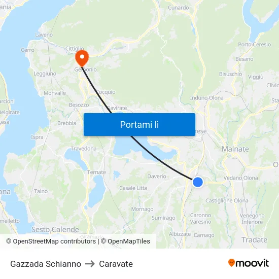 Gazzada Schianno to Caravate map