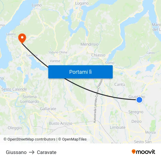 Giussano to Caravate map