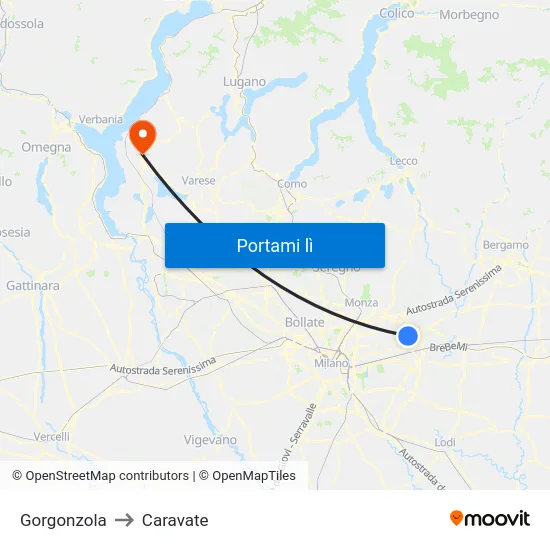 Gorgonzola to Caravate map
