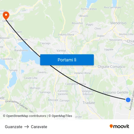 Guanzate to Caravate map
