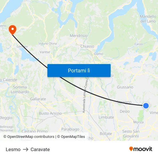 Lesmo to Caravate map