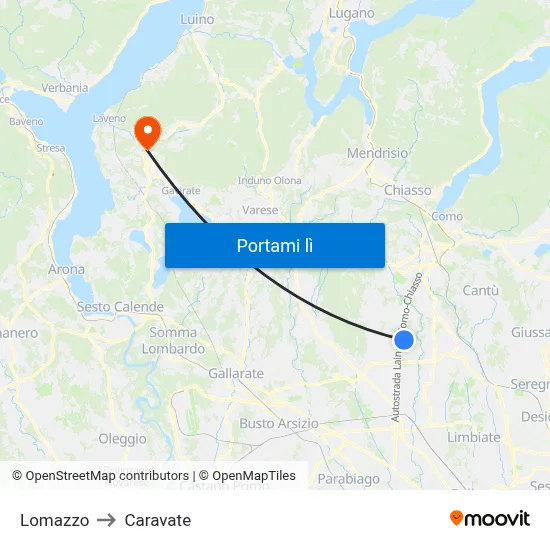 Lomazzo to Caravate map