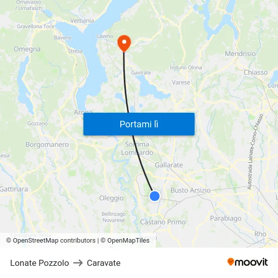 Lonate Pozzolo to Caravate map