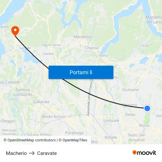 Macherio to Caravate map
