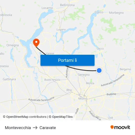 Montevecchia to Caravate map