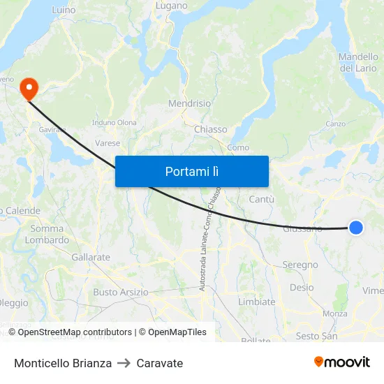 Monticello Brianza to Caravate map