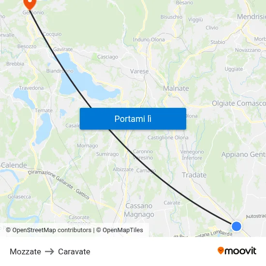 Mozzate to Caravate map