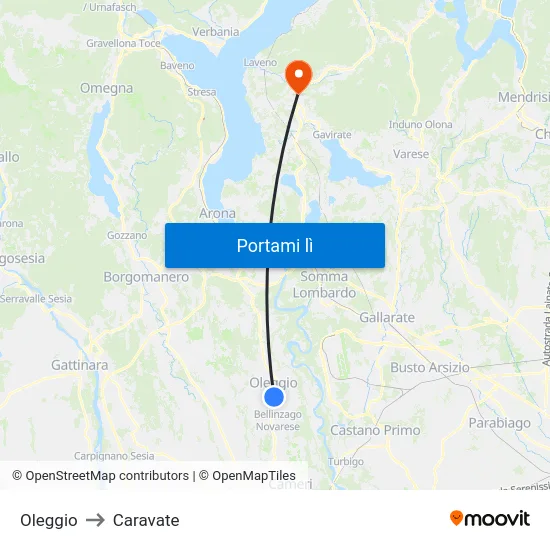 Oleggio to Caravate map