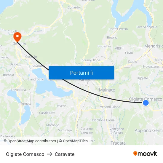 Olgiate Comasco to Caravate map