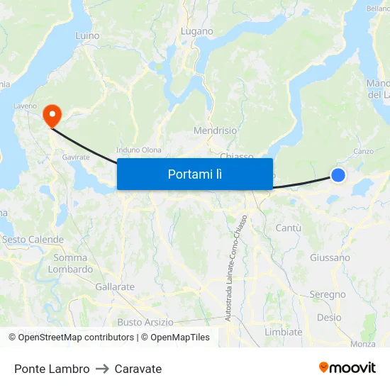 Ponte Lambro to Caravate map