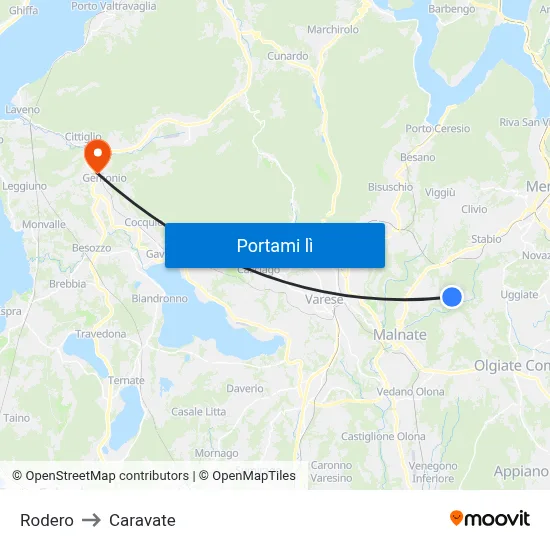 Rodero to Caravate map
