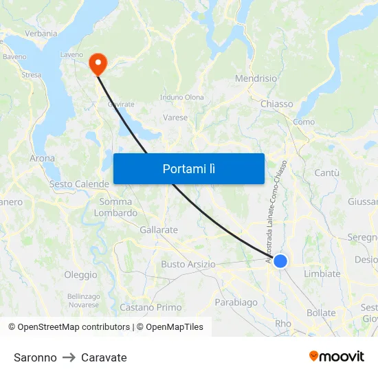 Saronno to Caravate map