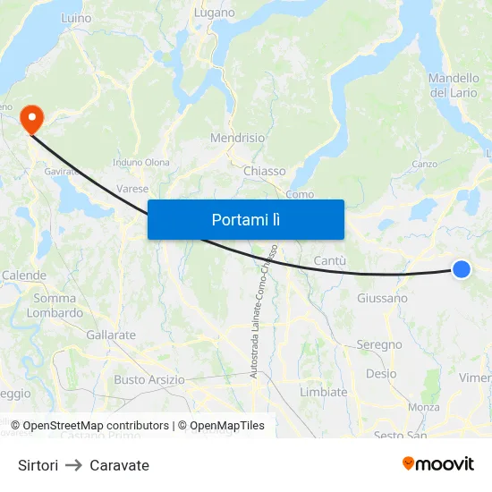 Sirtori to Caravate map