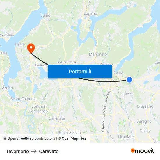 Tavernerio to Caravate map