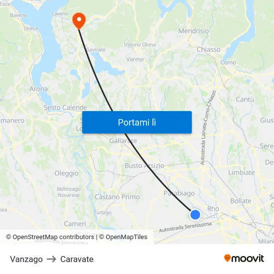 Vanzago to Caravate map