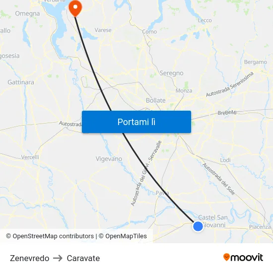 Zenevredo to Caravate map