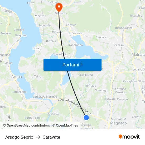 Arsago Seprio to Caravate map