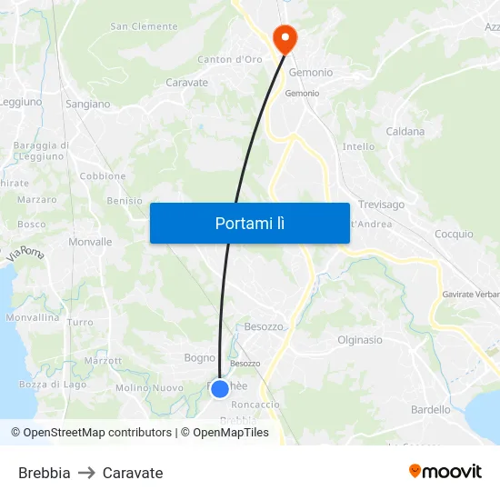 Brebbia to Caravate map