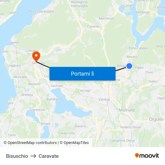 Bisuschio to Caravate map