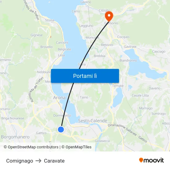 Comignago to Caravate map
