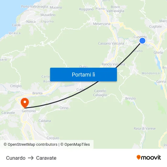 Cunardo to Caravate map