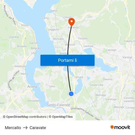 Mercallo to Caravate map