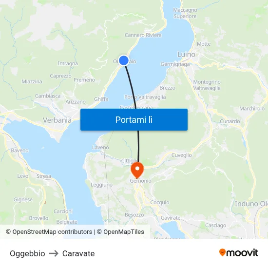 Oggebbio to Caravate map