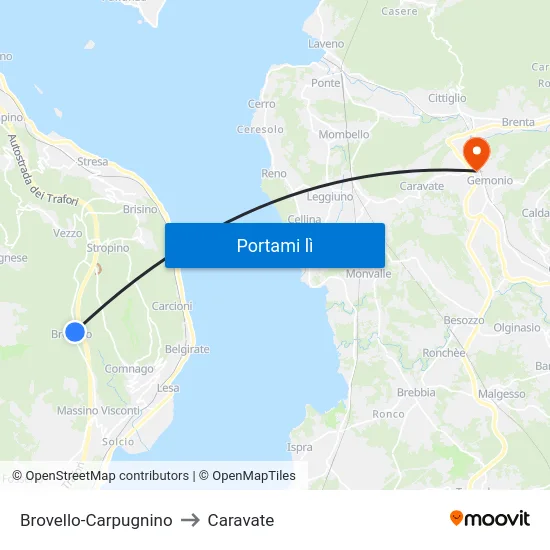 Brovello-Carpugnino to Caravate map