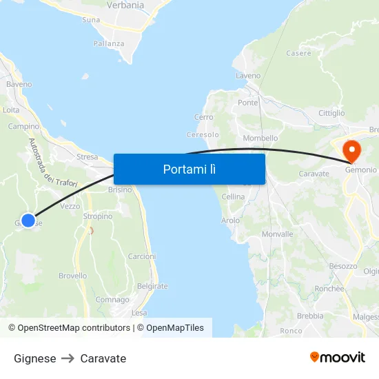 Gignese to Caravate map