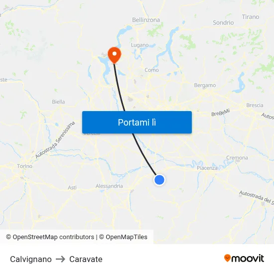 Calvignano to Caravate map