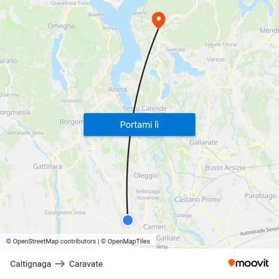 Caltignaga to Caravate map