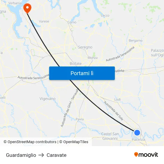 Guardamiglio to Caravate map