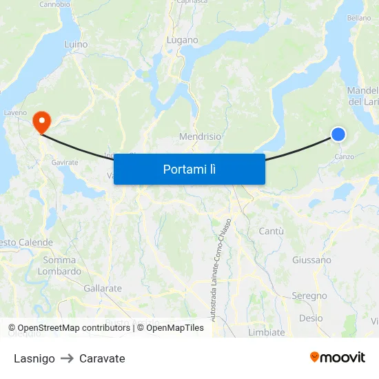 Lasnigo to Caravate map