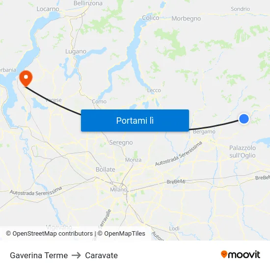 Gaverina Terme to Caravate map