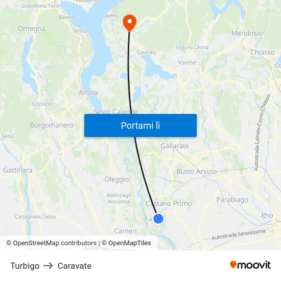 Turbigo to Caravate map